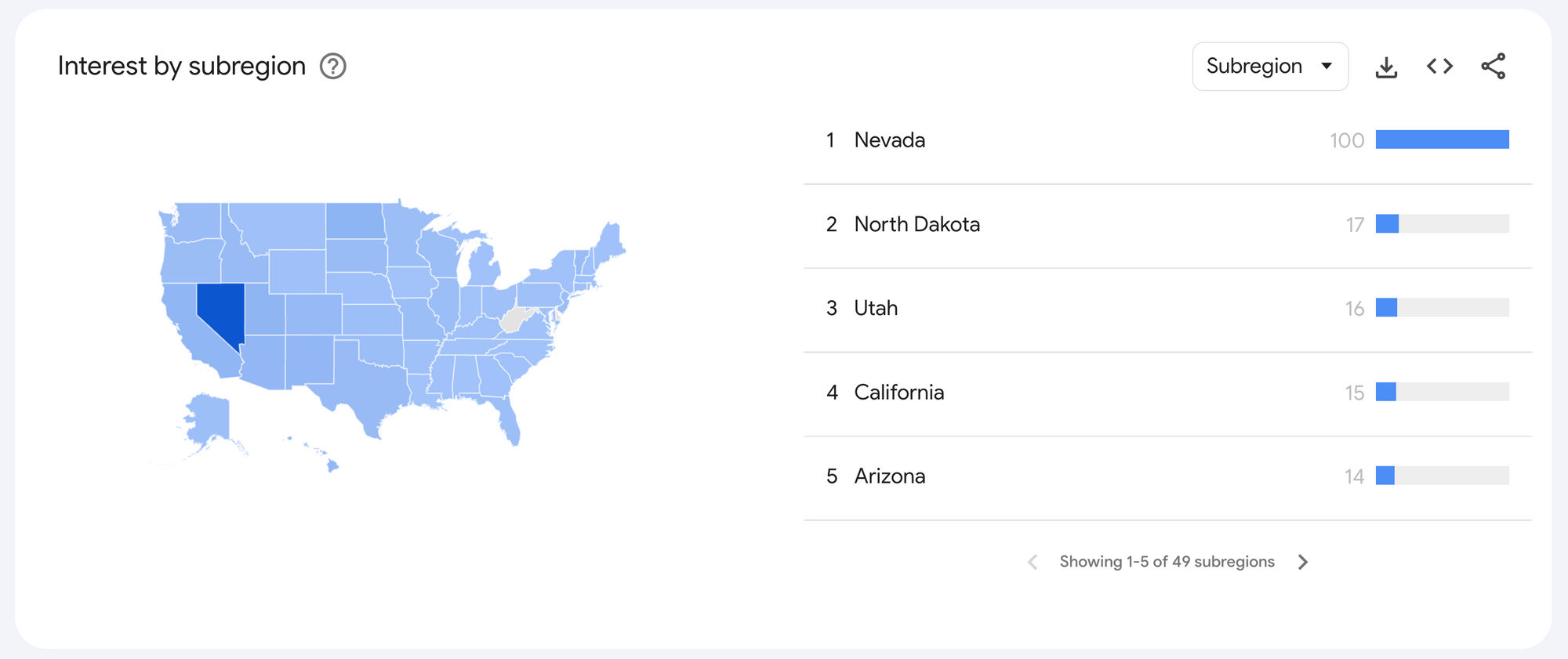 Figure 5. Top five regions of the United States where the search term was popular. Screenshot from Google Trends.